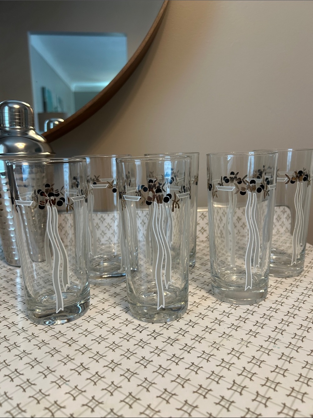 Vintage Reims France Olive Ribbon Highball Glasses  Set of 6 MCM 10 oz